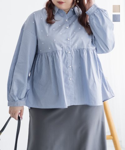 大きいサイズ レディース LL 3L 4L XL XXL XXXL ストライプ柄パールペプラムブラウス