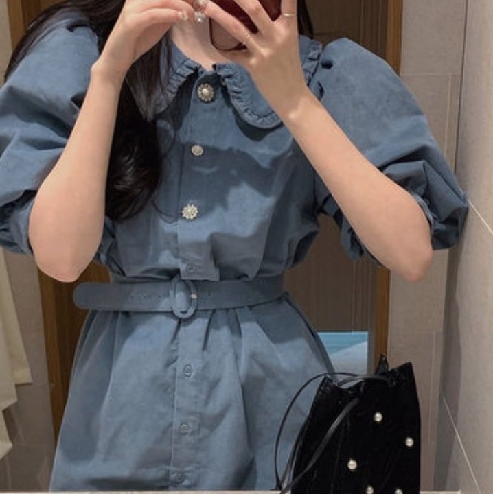 ワンピース デート かわいい 大人可愛い きれいめ シンプル カジュアル 大人 上品 おしゃれ 襟付き 半袖 パフスリーブ ウエストマーク 無地 フリル ブルー XL 韓国　旅行 休日 モテ　コーデ