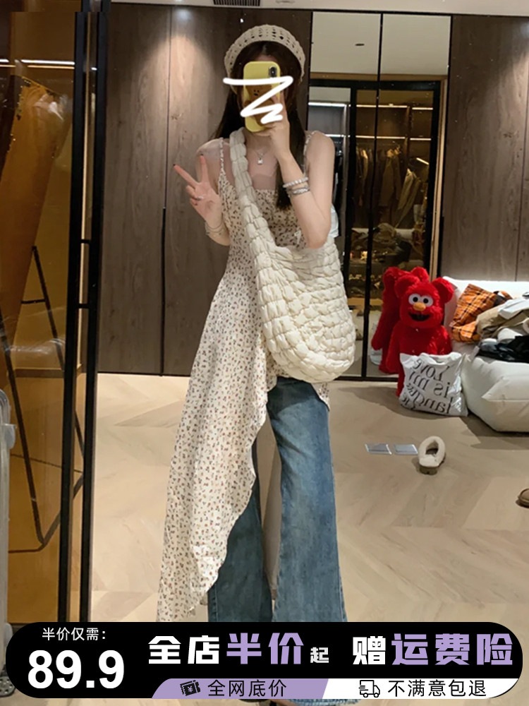 花柄サスペンダードレス女性用2024年夏新デザインニッチ不規則な海辺での休暇ビーチロングドレス 5,023円