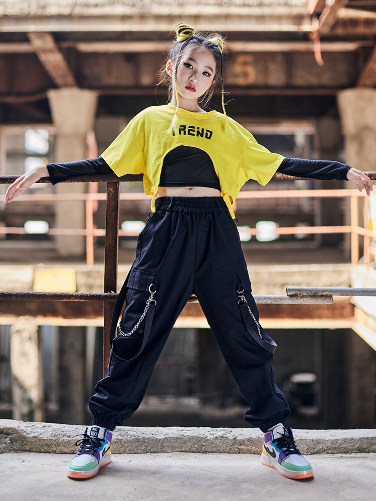 キッズ ダンス衣装 ヒップホップイェローシャツ セットアップ じゃー　ジャズ ダンスシャツ へそ出し