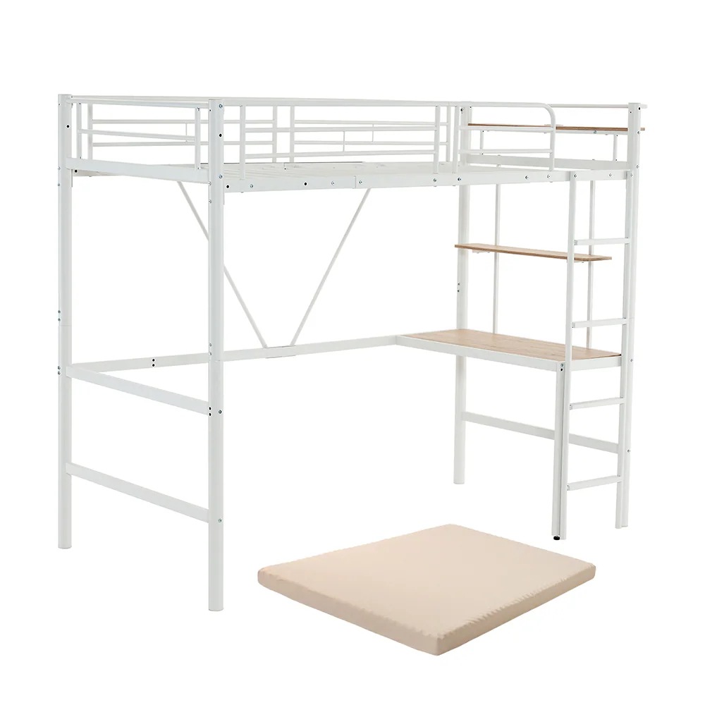 【厚さ10cmシングルマットレス付き】ロフトベッド 机付き パイプベッド シングル 木 デスク付き コンセント付き 耐荷重150kg 高さ170cm 収納棚 ロフトベッド ハイタイプ はしご付き 北欧