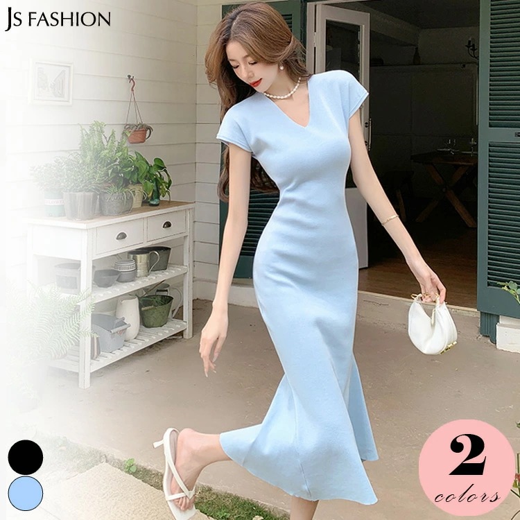 マーメイド ワンピース 全2色 半袖 Vネック ロングワンピース 無地 黒 タイトワンピ タイトワンピース ロング丈 ミモレ丈 きれいめ スリム 細見え デイリー おしゃれ セクシー 上品 オフィスカ