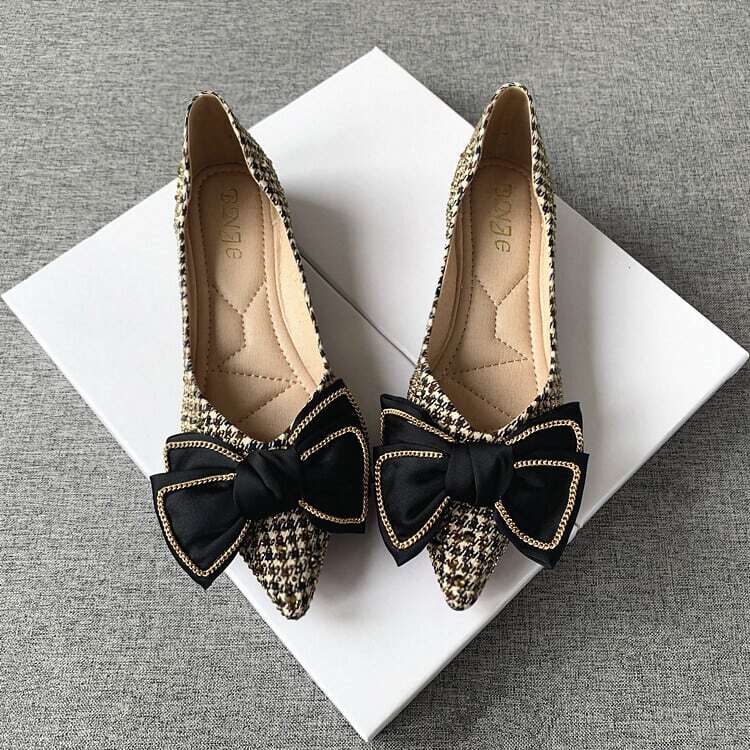 レディース スタッズ 千鳥格子 フラットシューズ 2color リボン 大人可愛い ママコーデ ママファッション 韓国系 オルチャン 人気 トレンド 新作 20代 30代 40代 シューズ 靴 きれい