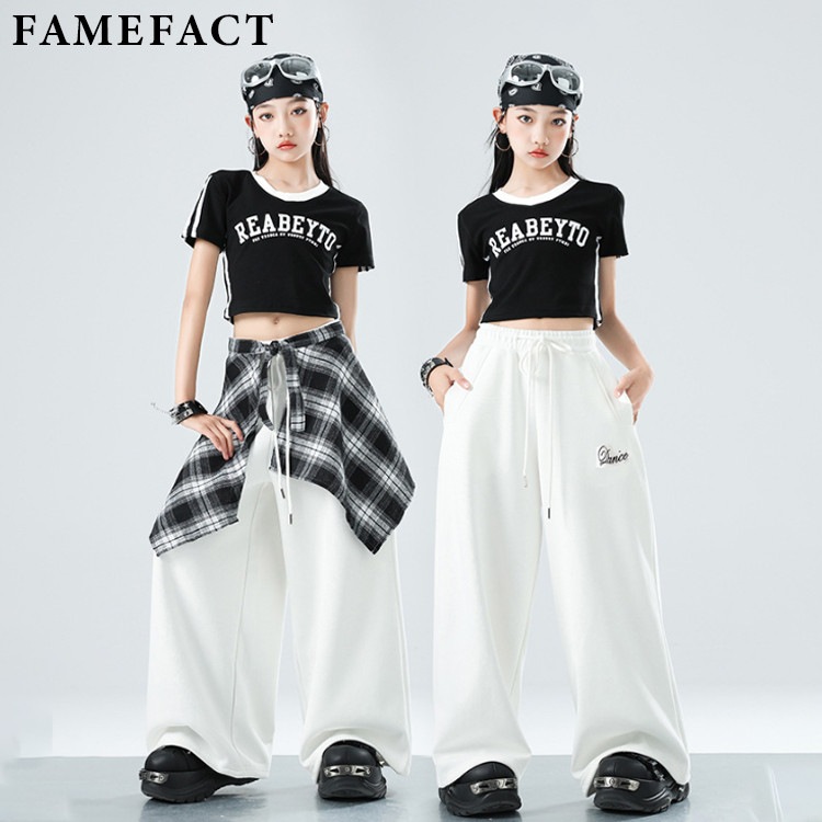 字母柄 半袖 黒 へそ出し トップス ワイドパンツ ゆったり チェック柄 腰飾り キッズ ダンス衣装 セットアップ 単品 ステージ服 ダンスウェア 女の子 応援団 イベント 発表会 ジュニア 団体服