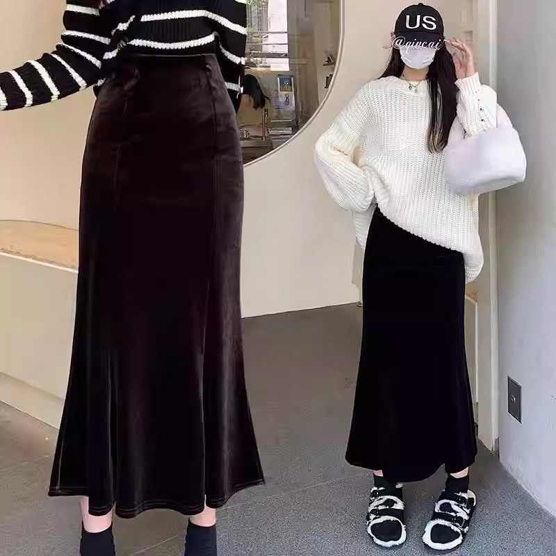 コーヒーゴールドベルベットスカート 秋 レディース 2023 ヒップカバースカート ミモレ丈 Aラインスカート フィッシュテールスカート