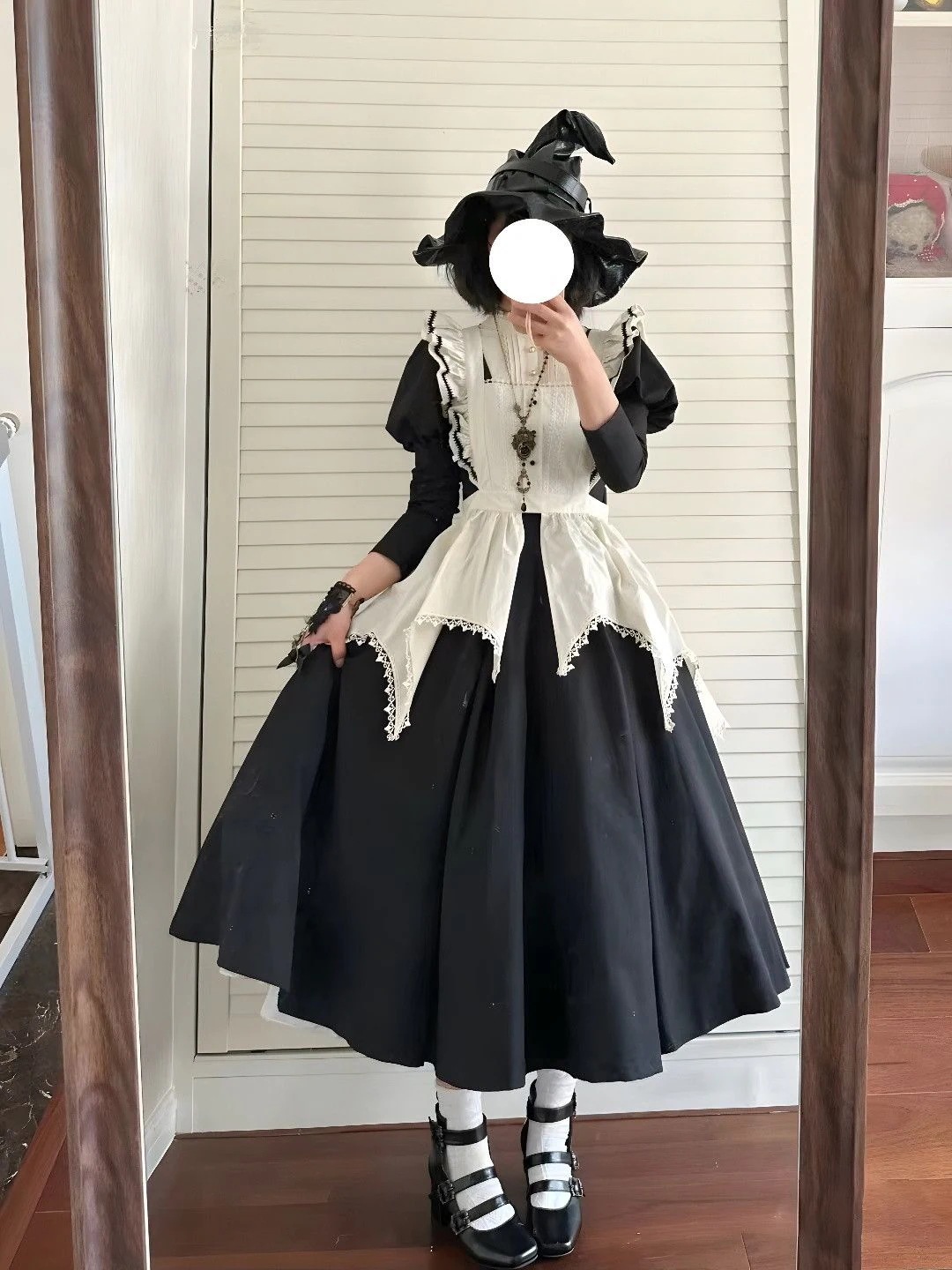 ロリータドレス ロリータ 秋冬 ダークロングスカート 修道女風エプロン 大きいサイズ パフスリーブ