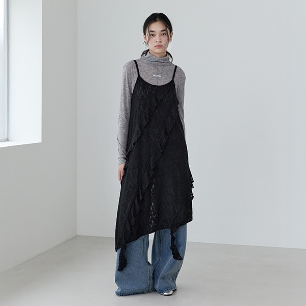 LACE RUFFLE SLEEVELESS ONEPIECE BLACK