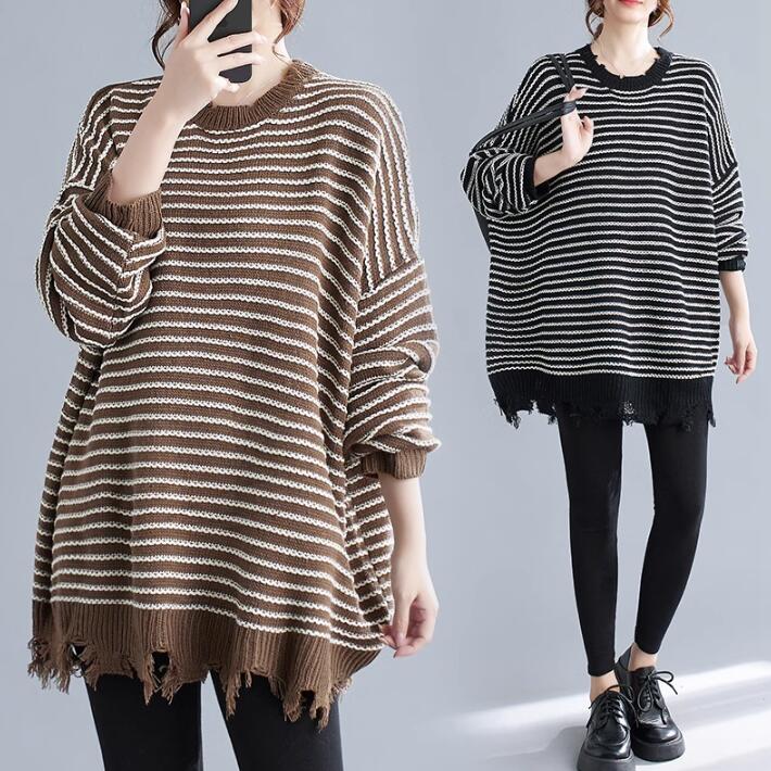 ニット　レディース　セーター　ドルマン　ボーダー　ダメージ　ひげ　ゆるニット　チュニック　ロング　トップス　 長袖　大きいサイズ　カジュアル　あったか 防寒　無地 秋冬 4,835円