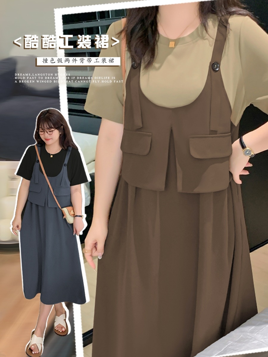 【ぽちゃまに】 夏 ドッキングワンピース ニセ2SET サロペット風 大きいサイズ 体型カバー 半袖 シャツワンピースメガ割