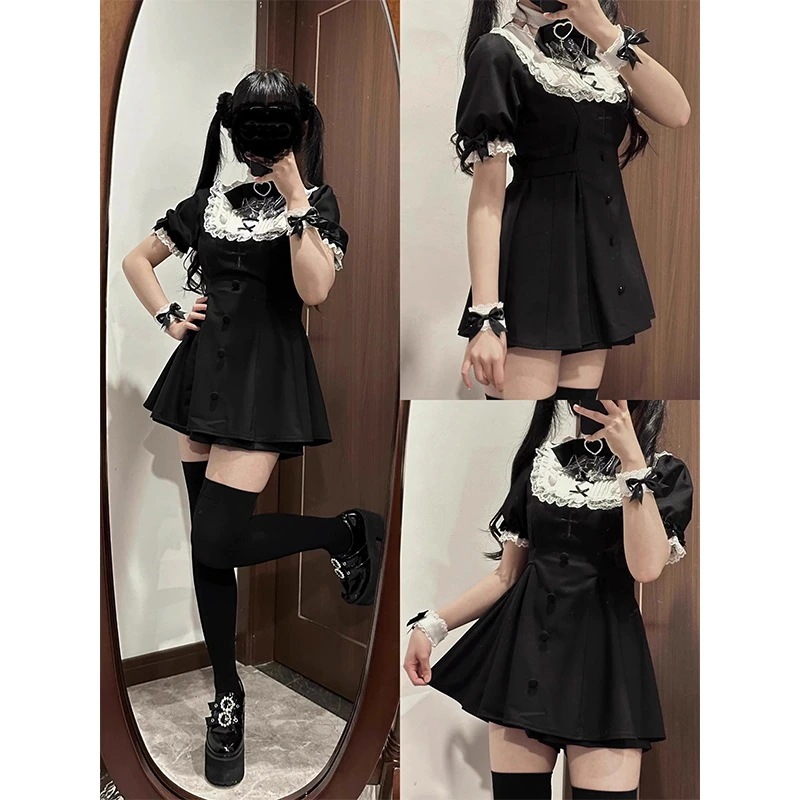 地雷レース白黒スプライス半袖ロリータ刺繍ウエストワンピース女性用