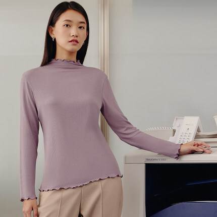 トップス レディース カットソー 個性的 長袖 ハイネック 無地 黒 赤 ピンク 紫 M L XL 2XL 春 秋 きれいめ 上品 おしゃれ シンプル ナチュラル カジュアル お出かけ 普段使い 着回