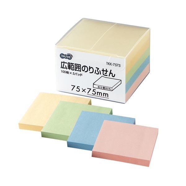 （まとめ） TANOSEE 広範囲のりふせん 75x75mm 4色 1パック（5冊） [x5セット]