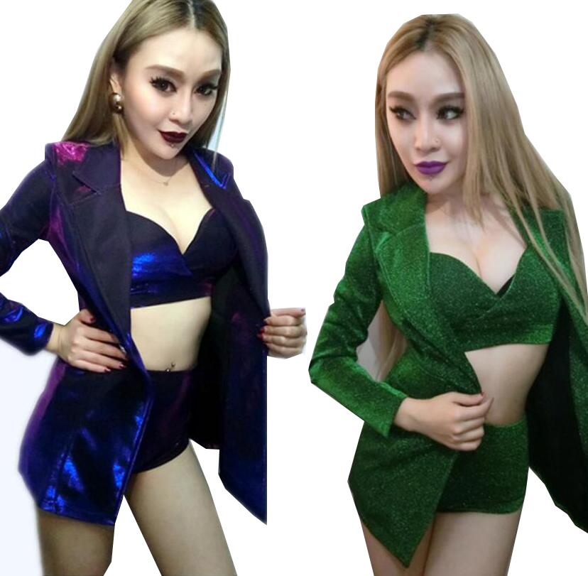 レディース スーツセットダンス衣装 ショート丈パンツ　クラブ舞台衣装 光沢　ビスチェ　3点スーツセット ジャズダンス ヒップホップダンス ジャケット パンタロン フレアパンツ　DJ　結婚式DS