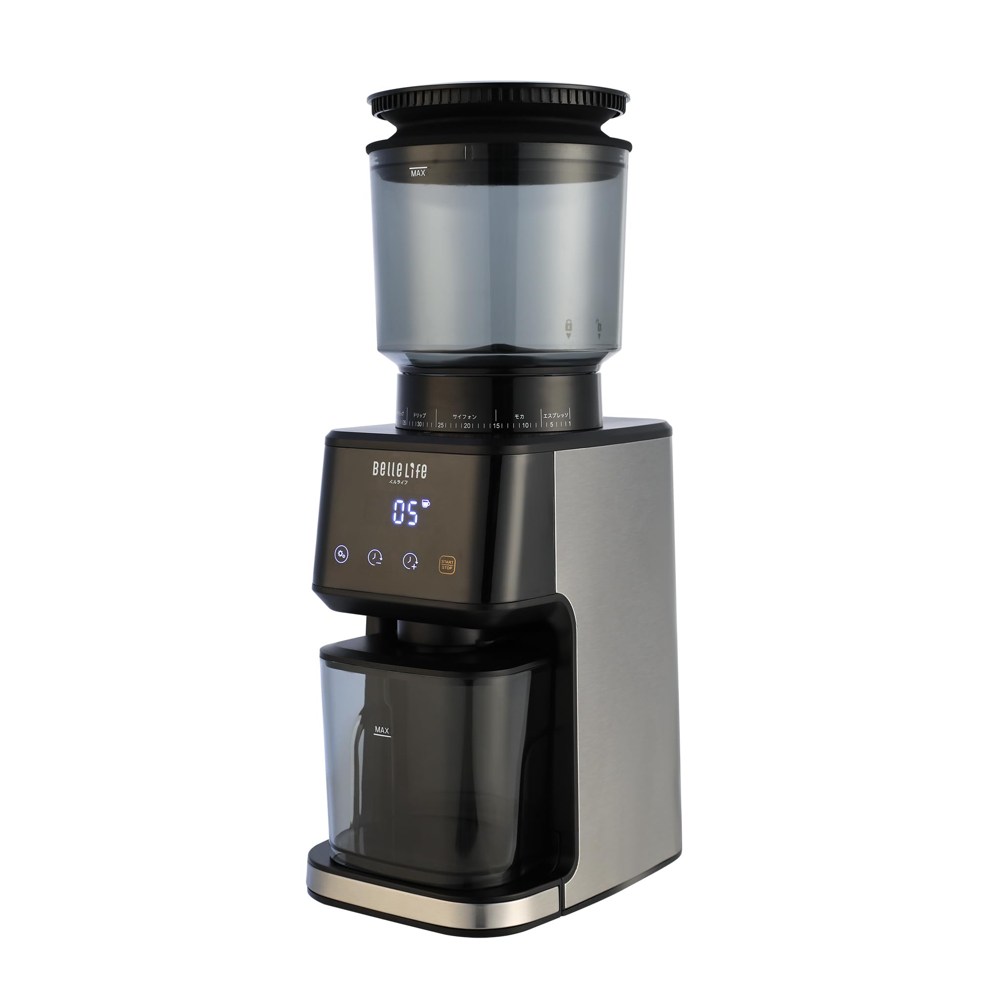 BelleLife 電動コーヒーミル コーヒーグラインダー コーン式コーヒーグラインダー 極細~粗挽き 粒度51段階設定 コーヒー粉砕機 小型 珈琲ミル 静電気飛散防止 液晶タッチパネル 大容量 豆挽