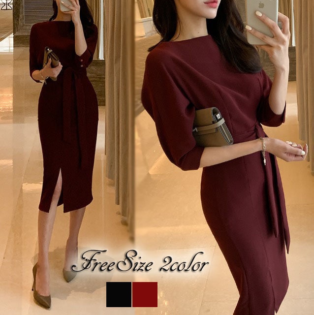 パーティードレス 無地 リボンベルト エレガント 上品