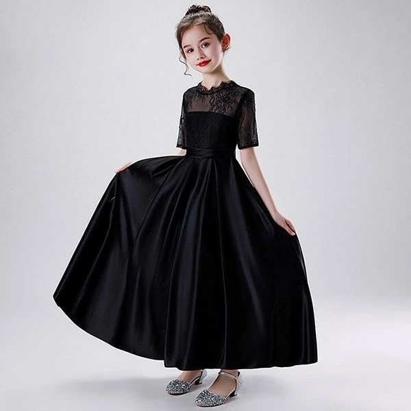 ドレス 子供 ピアノ 発表会 ピアノ発表会 中学生 ワンピース 女の子 ロングドレス 結婚式 ジュニア ピアノ発表会ドレス 袖付き 黒 パーティードレス イブニングドレス ロング キッズ パーティ イ