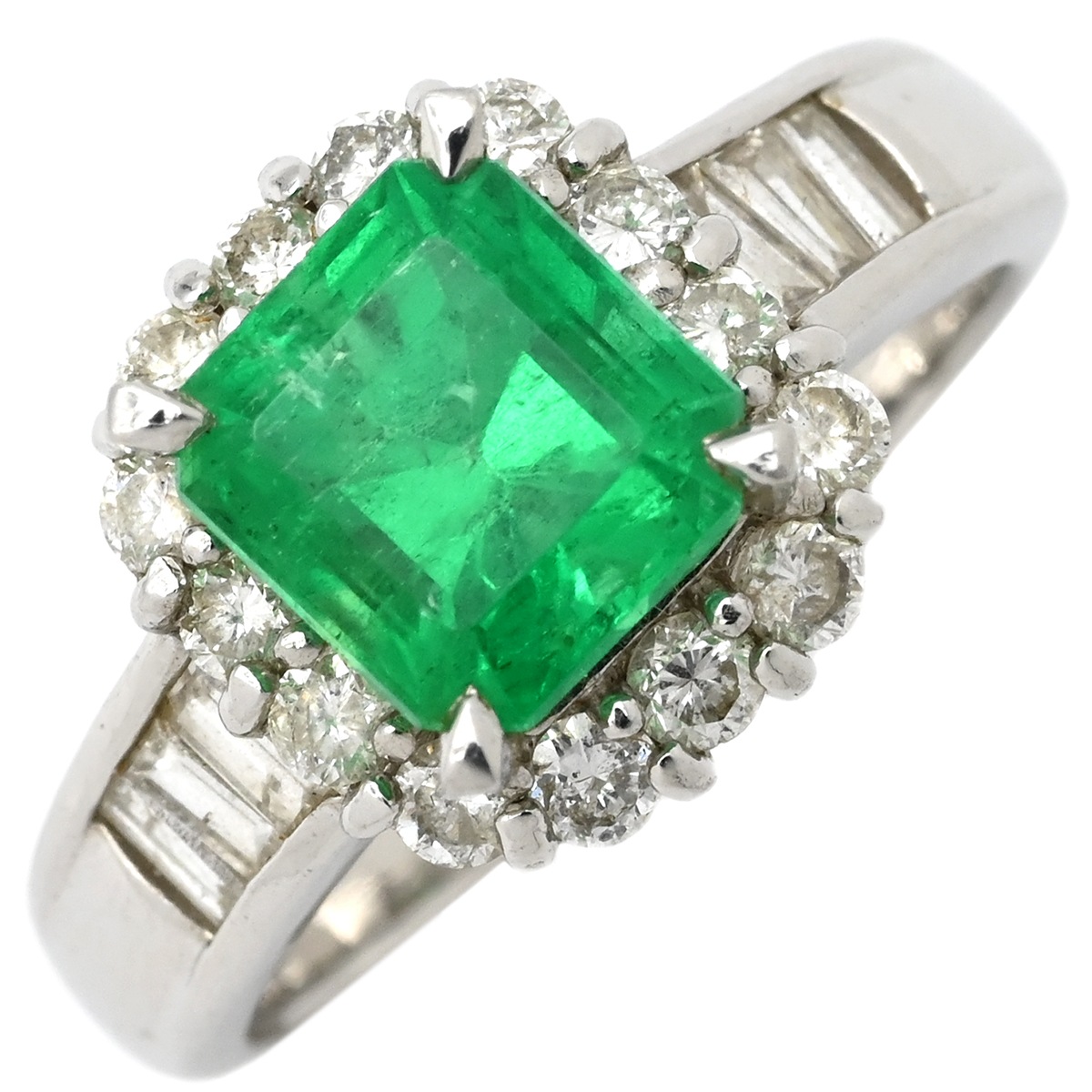 リング 指輪 エメラルド ダイヤモンド リング Pt900 エメラルド ダイヤモンド プラチナシルバー グリーン 緑 スクエア 17.5号【中古】