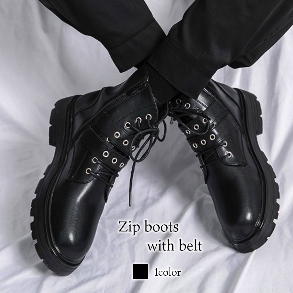 ブーツ メンズ ベルト付きジップブーツ 防水 軽い 洗える ジッパー ブーツ サイドジップ 革 靴 黒 冬 シューズ ファスナー 暖かい ブランド レザー スエード 秋 夏 セット モード 防寒 ハイ