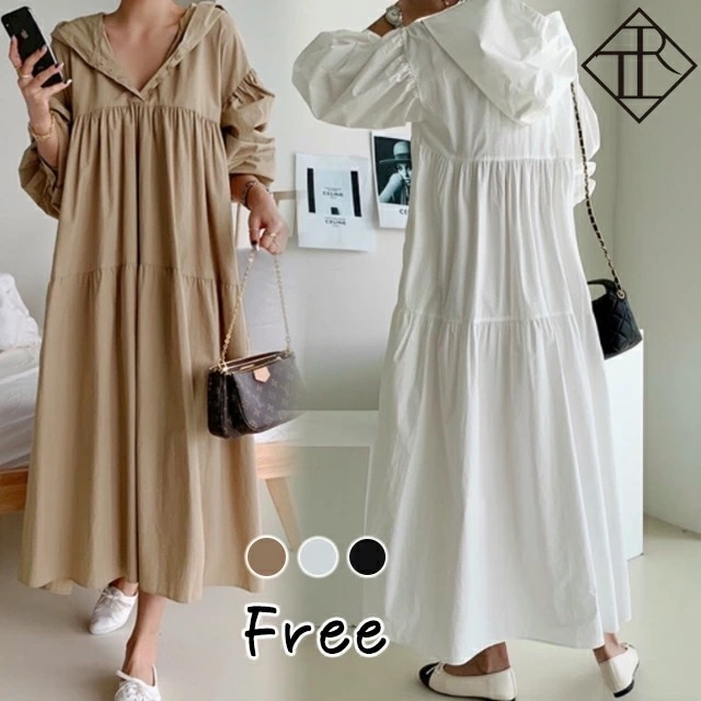 【即納】ワンピース レディース ロング丈 カジュアル 長袖 大きいサイズ ワンピ 二の腕カバー シャツ スキッパー ティアード フード Vネック ゆるい ビッグシルエット 流行 トレンド マキシ丈