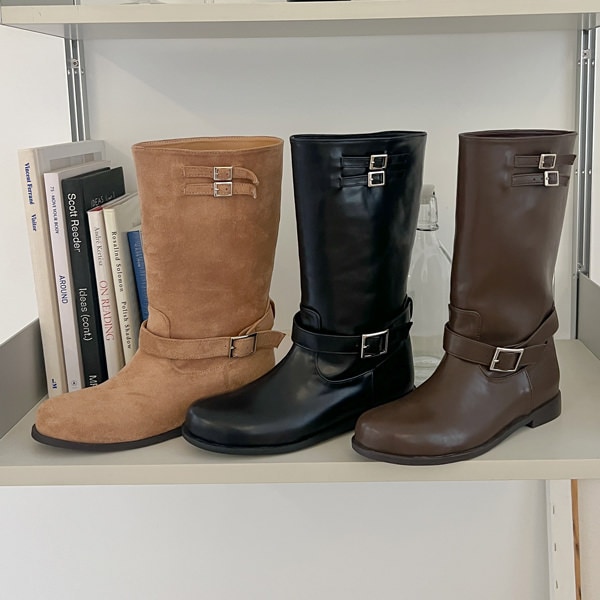 ミドルブーツ エンジニアブーツ ベルト レザー スエード フラット レディース ぺたんこ ペタンコ 黒 茶 ブラック ブラウン ベージュ 歩きやすい 靴 婦人靴 韓国