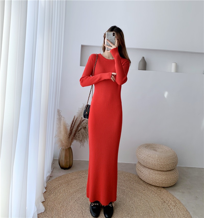 エクストラロングスリム膝丈セーターワンピース女性春冬新作パッケージヒップスキニーボトムインナーニットワンピースロングスカート