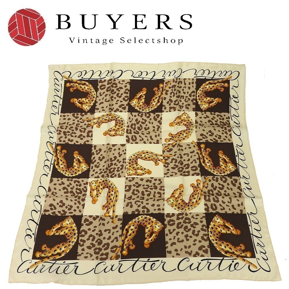 中古 カルティエ マスト ドゥ スカーフ シルク100％ パンテール ヒョウ柄 ベージュ ブラウン レディース 女性 小物 Cartier scarf Must de Cartier