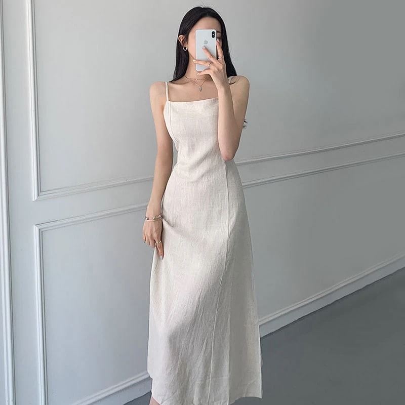 人气新作 話題！サテンスカート OL通勤 韓国ファッション キャミワンピース オフィスカジュアル 気質キャミワンピース ロング スリット ワンピース 夏 着痩せキャミワンピー 46aa4835