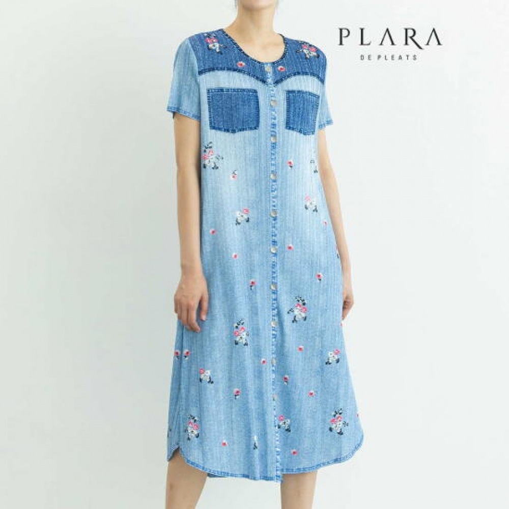 フララ レディース プリーツ ビンテージデニムプリントワンピース