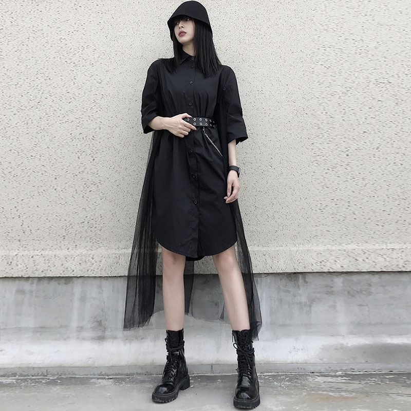 レディースイレギュラーシャツドレス夏新作婦人服スーパーフェアリーファッションセンスパーソナリティメッシュステッチフレンチダブルレイヤードドレスオールマッチトレンドレディーススカート