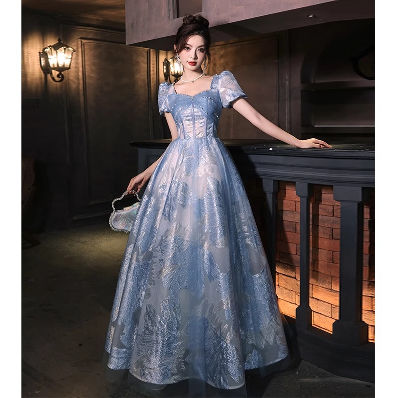 ブルー宴会イブニングドレス2024新しい気質成人式ハイエンドホスト