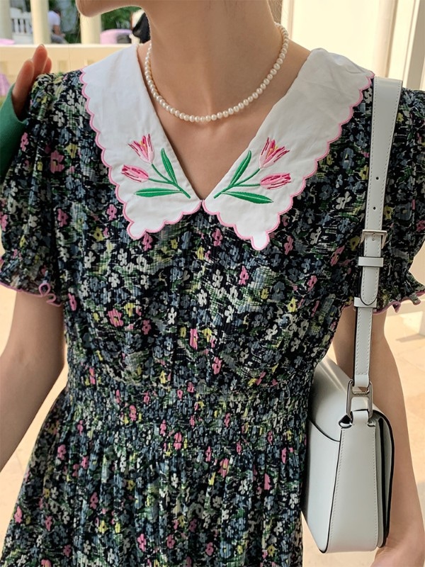 オモントエッグタルト花柄ワンピース2022新作レディースウエストスリムパフスリーブフレンチ半袖ロングスカートプリント・柄ワンピ