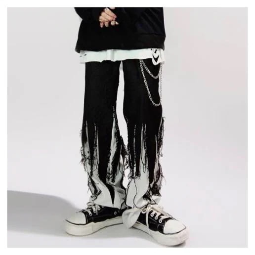 リメイク風 デニム パンツ ジーンズ 切替 ダメージ 韓国 ストリート系 グランジ サブカル ダンス 衣装 K-POP 黒 オーバーダイ ファッション レディース 7J-62