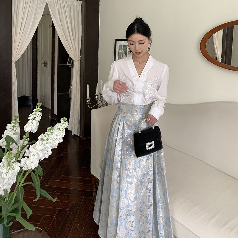 新品二点セット ファッション 二点セット セットアップ 中国スタイル中国スタイルのデザインシャツストラップaラインホースフェイススカート2スーツ