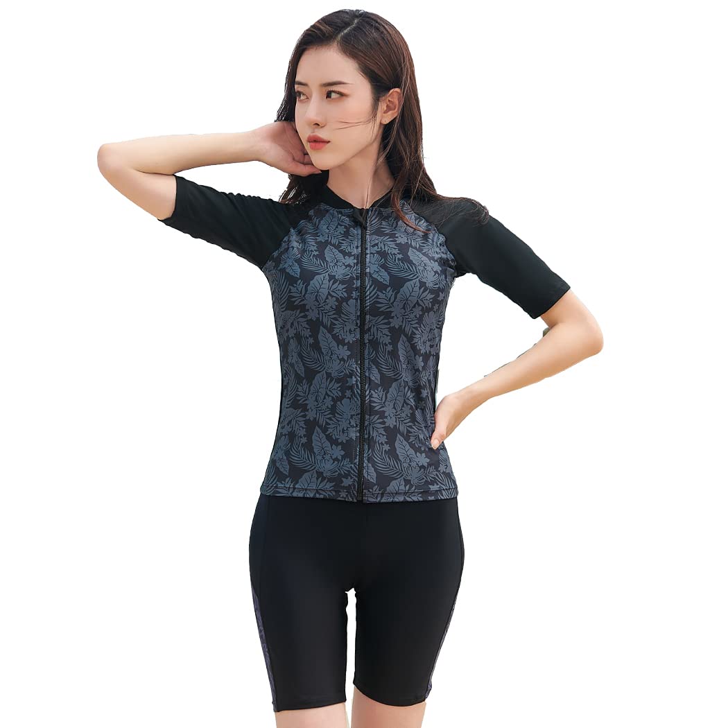 [Teddy] フィットネス水着 レディース セパレート 体型カバー ラッシュガード 3点セット 露出控えめ hys2761 (L(11号), ネイビー×フラワー)