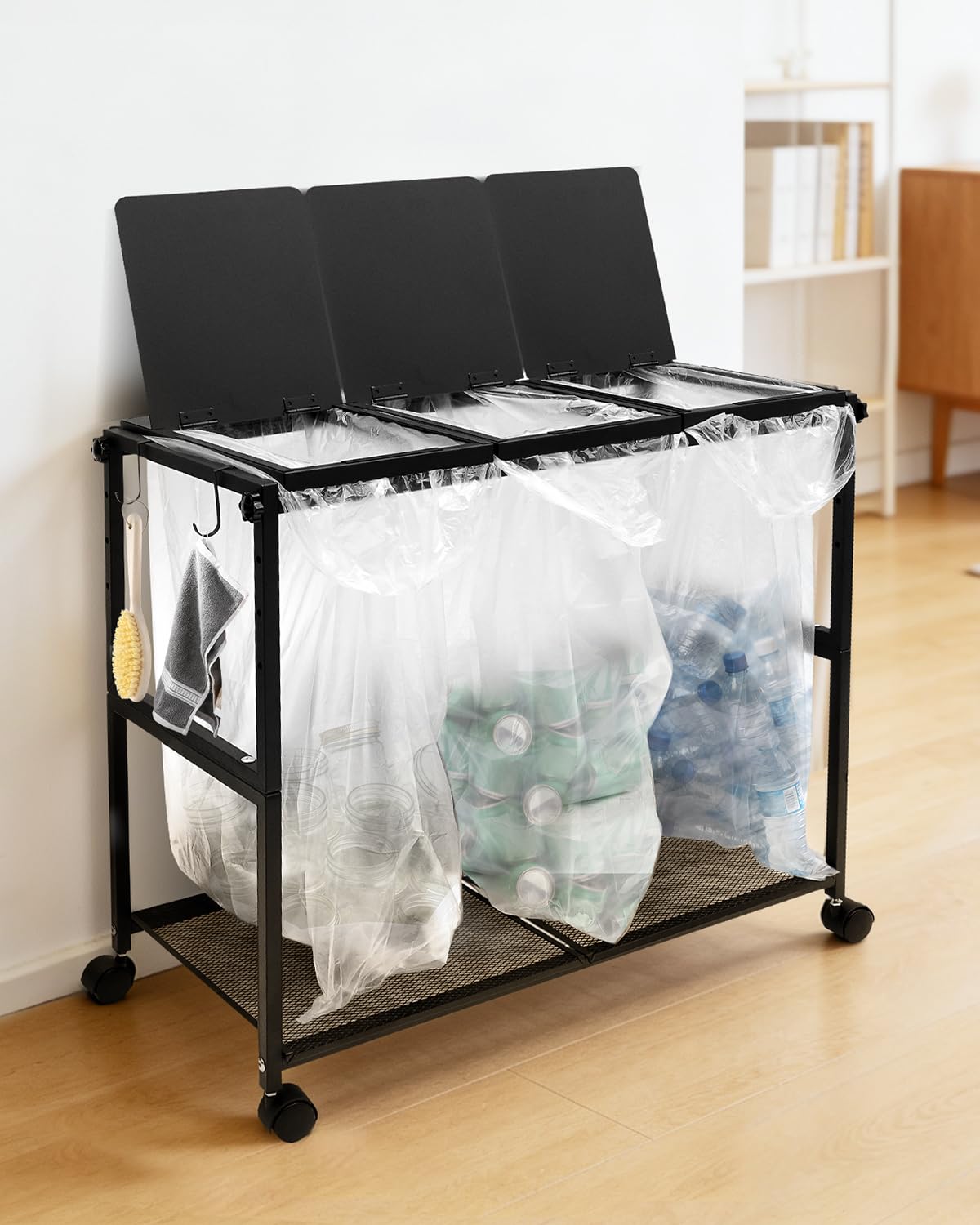 CARTIST ゴミ箱 45L 3分別 ゴミ袋ホルダー 横型 高さ四段調節 20~45L袋対応 ゴミ袋スタンド 蓋付き ダストボックス キャスター付き フック4個付き ゴミ捨て簡単 清掃容易 縦開き