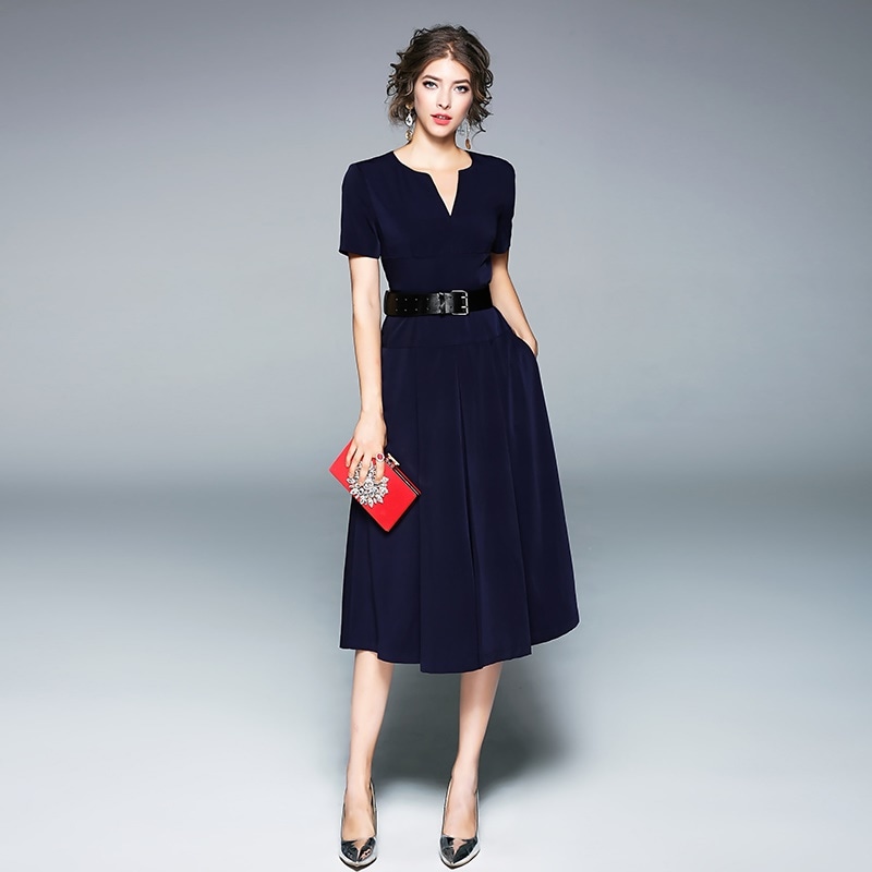 1577.Vネックシフォン半袖ワンピース（ネイビー） 2019 春夏 sale フォーマル 女子会 ディナー レストラン 通勤 お呼ばれ