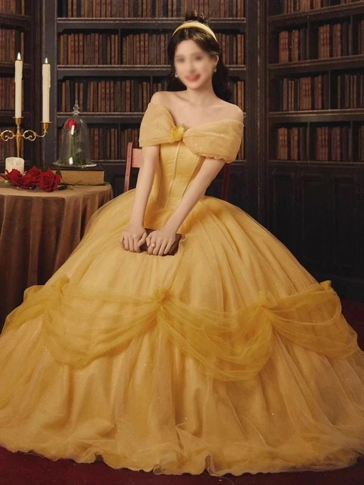 ドレス 2025 イエロー ワンショルダー 誕生日 成人式 プリンセスドレス 写真スタジオ ウェディングドレス 夏