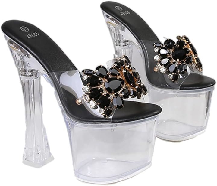 レディース ミュール パンプス 厚底 キラキラ クリア ラインストーン 17cm サンダル キャバヒール(ブラック, 24.0 cm)