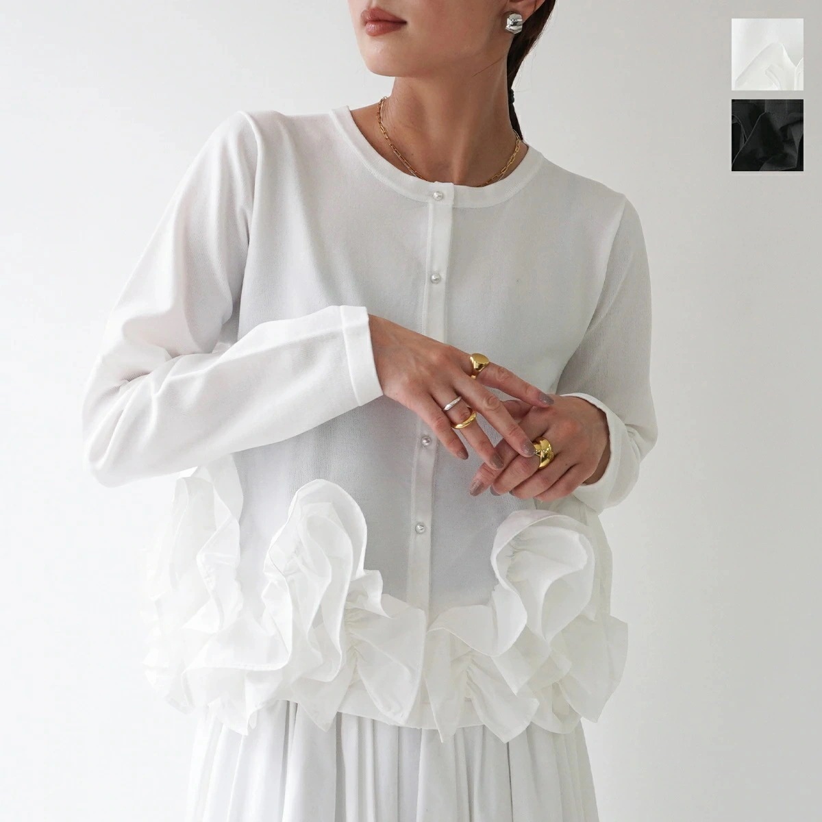 Mewl ミュール カーディガン M252-95200 レディース フリル ニット パールボタン 長袖 カラー2色