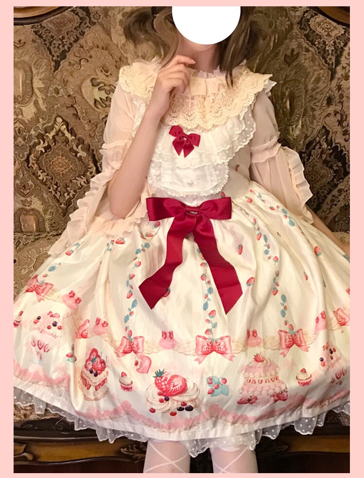 イチゴケーキ印の花のリボンダークワンピース ロリータワンピース