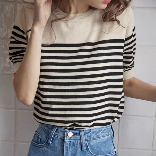 レディース トップス ニット プルオーバー サマーニット ボーダー パネルボーダー 半袖 ラウンドネック 襟なし ノーカラー ストレート フェミニン ニット かわいい 大人可愛い シンプル カジュアル