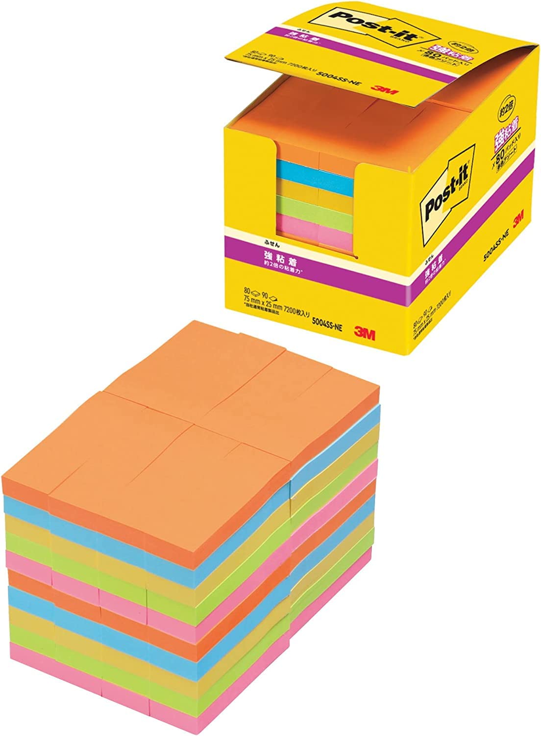 ポストイット 付箋 強粘着 ふせん ネオンカラー 75×25mm 90枚×80冊 5004SS-NE 7,627円