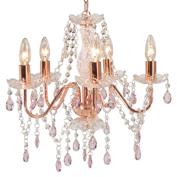 ガラスシャンデリア 照明器具 約幅45cm ピンク 組立式 シャンデリア 約幅45cm球(E17/40W)×5個付 スチール ガラス リビング