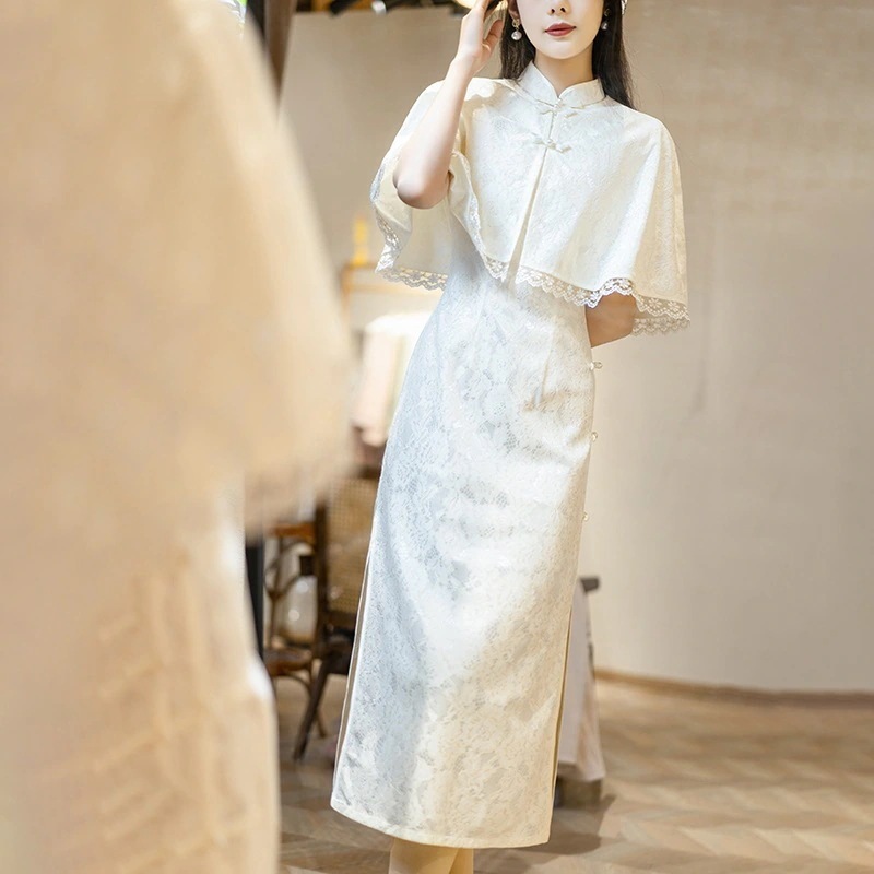 【酔清風.上品】 チャイナドレス 夏 エレガント ケープ付き チャイナワンピース スリット レトロドレス パーティー フォーマル 演奏会 成人式 新中式30%までに制限
