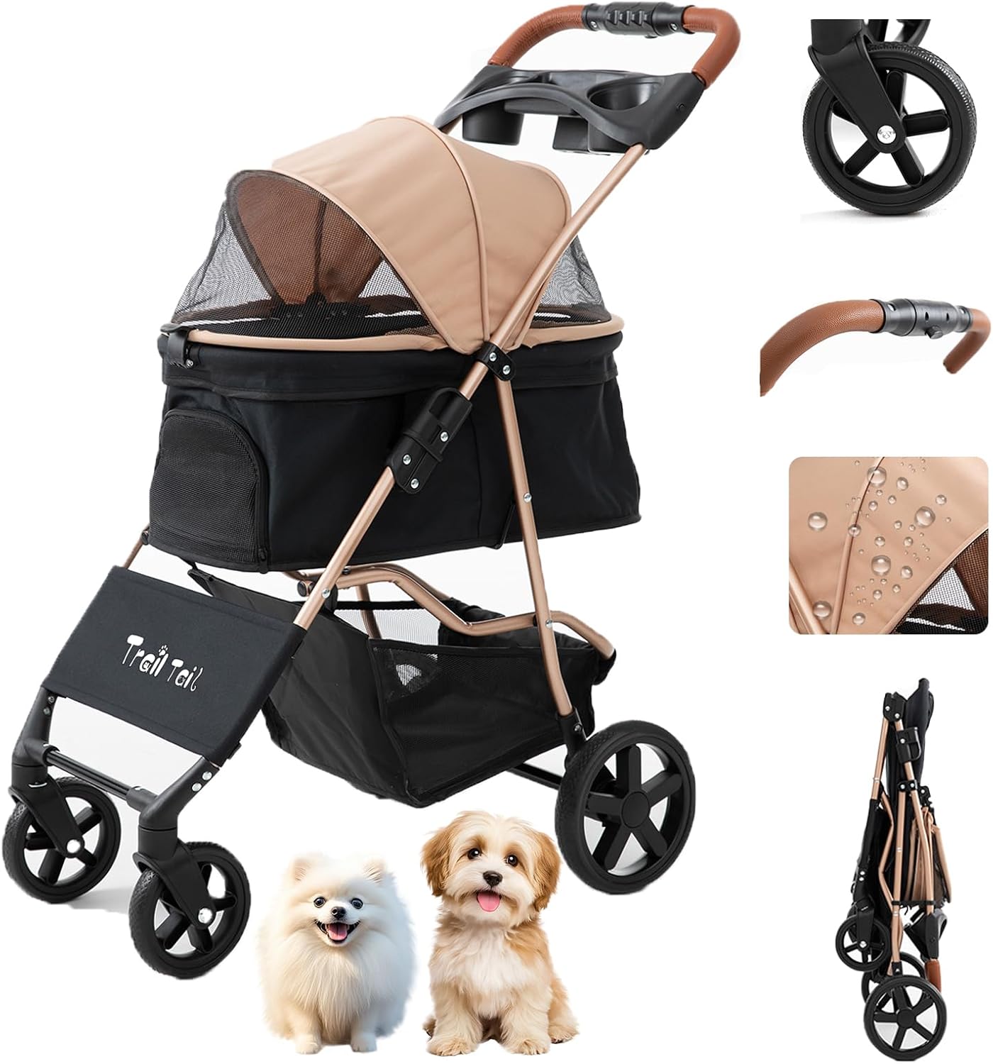 ペットカート 犬用ベビーカー 小型犬 一体型 折り畳み イヌバギーミニ 4輪タイプ 組み立て簡単 猫犬兼用 宠物推车 ドッグ 旅行 スタイリッシュゴールド レザーハンドル 軽量 6kg コンパクト