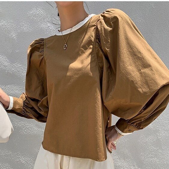 2color レディース ブラウス バイカラートップス パフスリーブ ボリューム袖 カジュアル上品