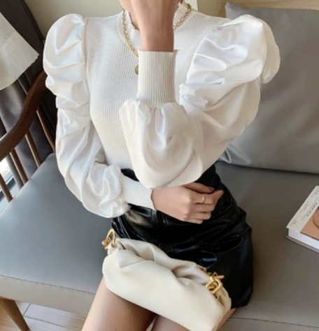 ボリューム袖ハイネックトップス 長袖 タイト 異素材 タイト S M ホワイト ブラック ピンク レッド パーティー 結婚式 2次会 フォーマル カジュアル 上品 おしゃれ かっこいい 可愛い