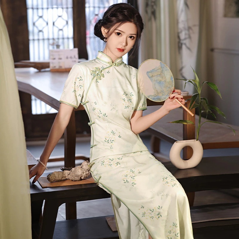 2024春夏漢服ファッショナブルでエレガントな気質スリムレトロスリムファッションプリントロングチャイナドレス