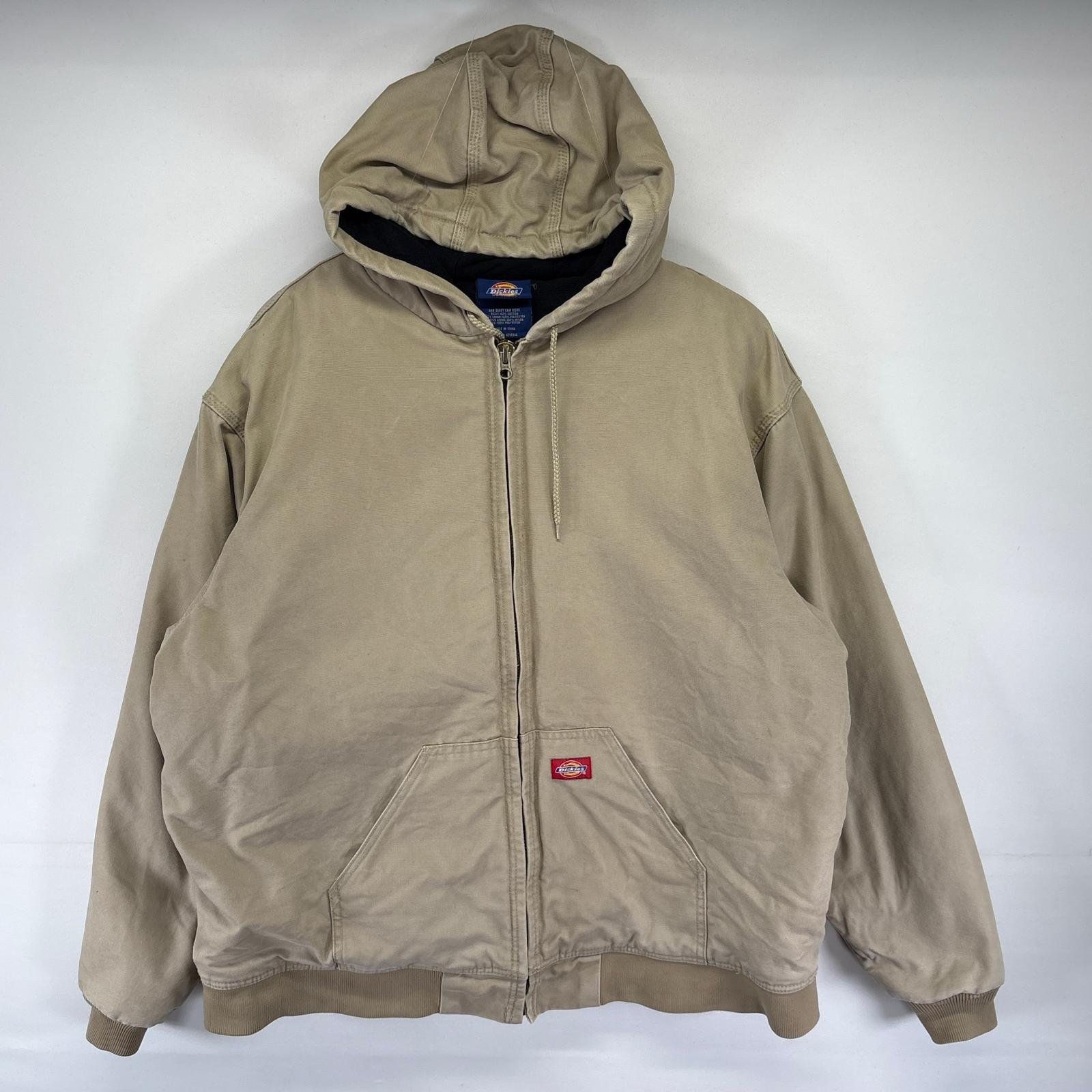 古着 ダック ジャケット 中綿 フルジップ ワンポイント ワーク 大きいサイズ 2XL ベージュ系 メンズ