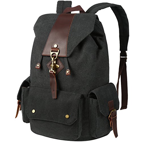 Canvas Backpack Casual Shoulder Bag Large Capacity Travel Daypack for Men and Women Black 13.4inch*6